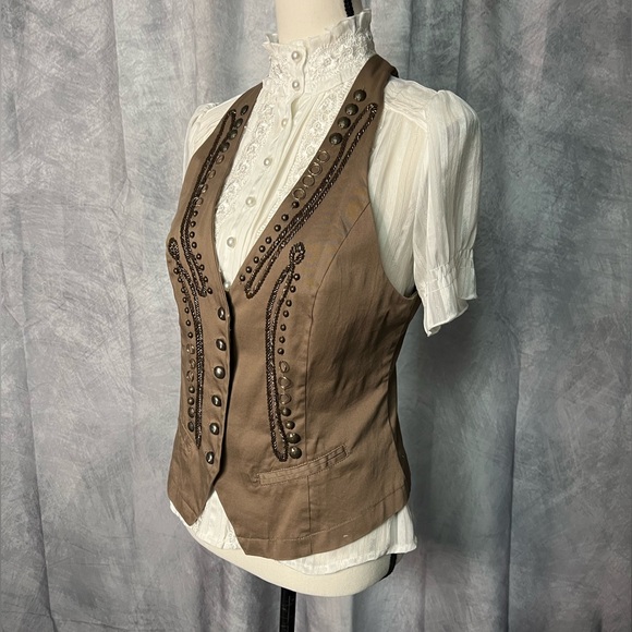 LUCY PARIS Brown Steam Punk Victorian Style Vest with Brass Look Buttons & Beads - Picture 11 of 14